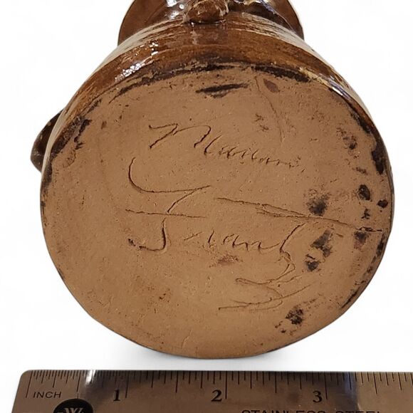 Vintage Handmade Pottery Pitcher Signed Brown Glazed Ceramic Jug Rustic Decor 5” - Picture 7 of 8